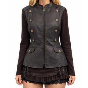 Nygard Collection Military Moto Leather Jacket Knit Sleeves XL 18-20 Brown Y2K